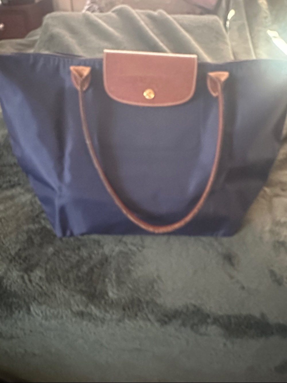 Longchamp Navy Tote with Brown Trim